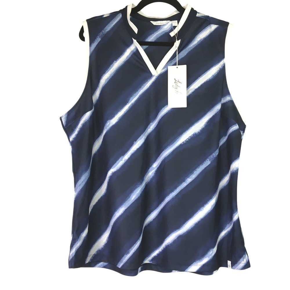 Lady Hagen Womens XXL Shibori Stripe Sleeveless Golf Polo Navy White‎ WGH31523